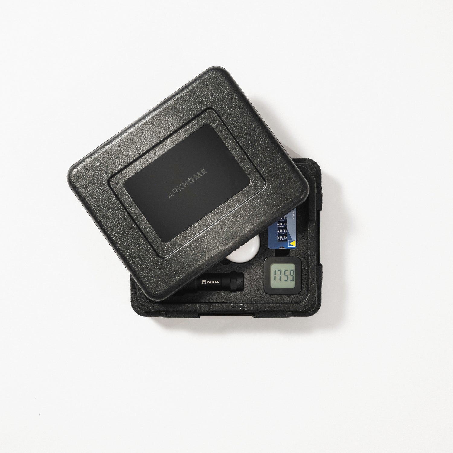 ARKHOME MINI compact noodpakket met radio, lamp, batterijen en klok in open zwarte case